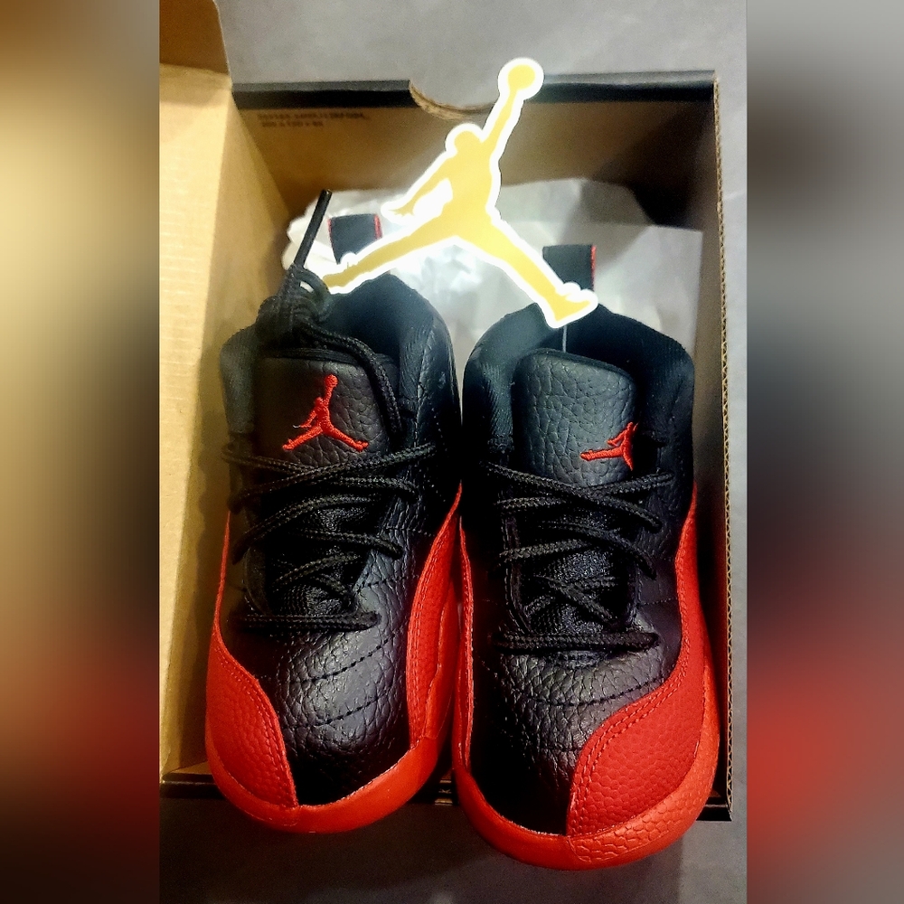 Air Jordan 12 Retro (TD)  Black and Red Sneakers, Size 8c. Brand New